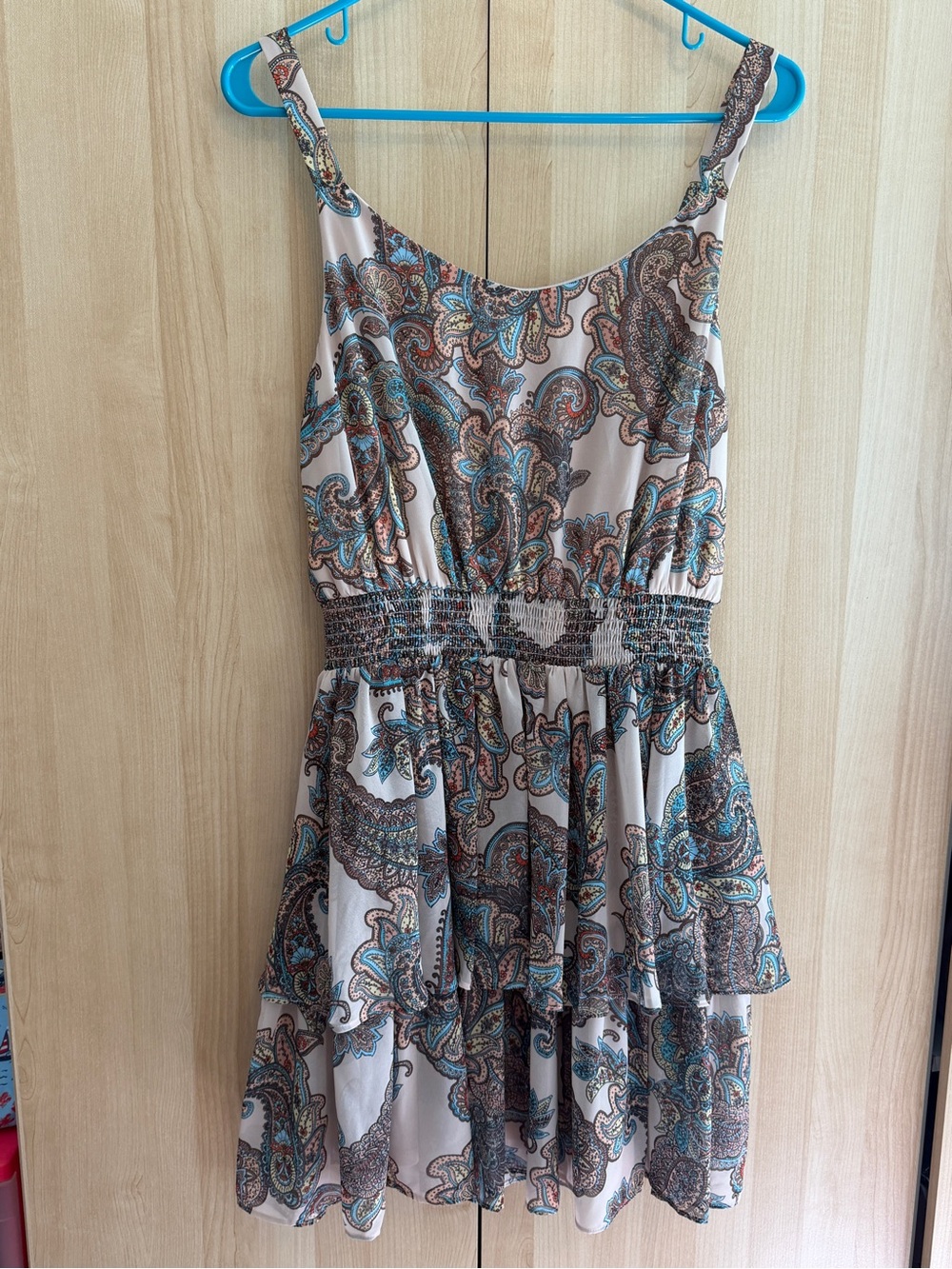 Express Paisley Tiered Mini Dress in Beige, Teal and Brown